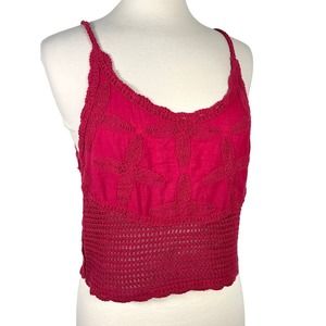 Women's Crochet Knit Scoop Neck Cropped Top M Red Sleeveless Scalloped